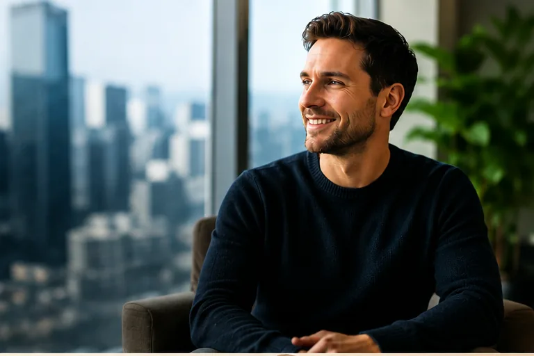 A professional looking out over a city skyline