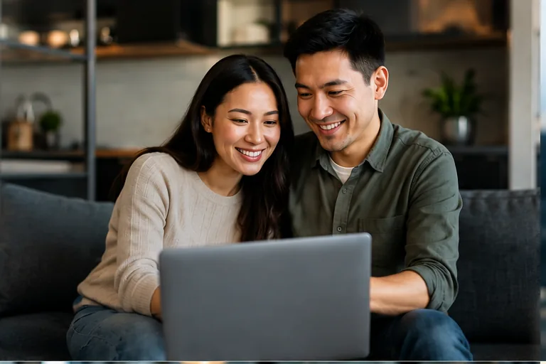A young couple reviewing their finances together at home