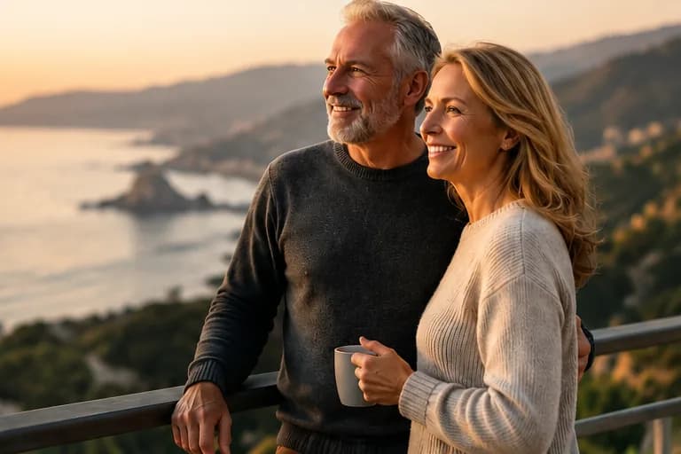 A mature couple enjoying a coastal view at sunset