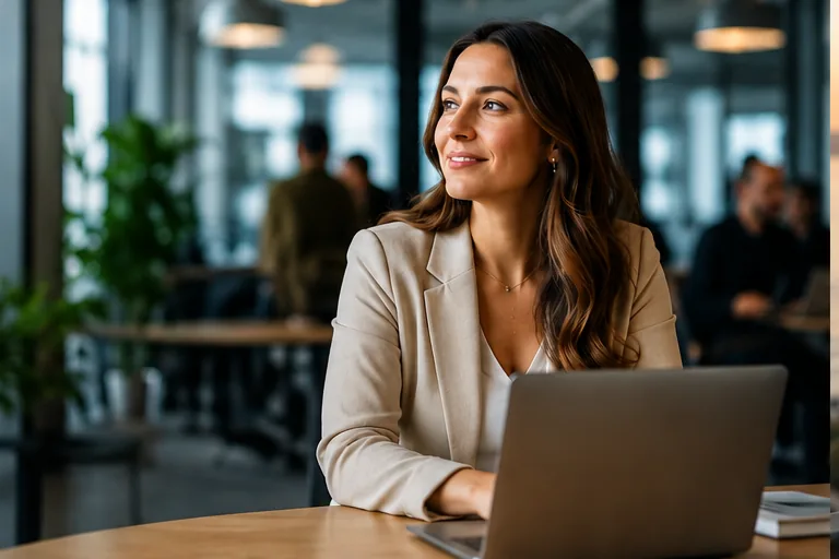 A professional working at her laptop in an office